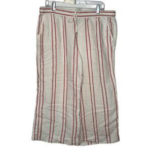 Tommy Bahama White w/ Pink Striped Linen Wide Leg Elastic Waist Pants Bottoms L